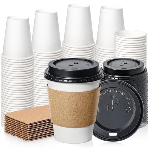 Fit Meal Prep 100 Pack 12 oz Disposable Coffee Cups with Lids, Sleeves, Leak-Proof To Go Coffee Cups with Lids, Durable Paper Cups for Hot Beverage, Home, Office, Party