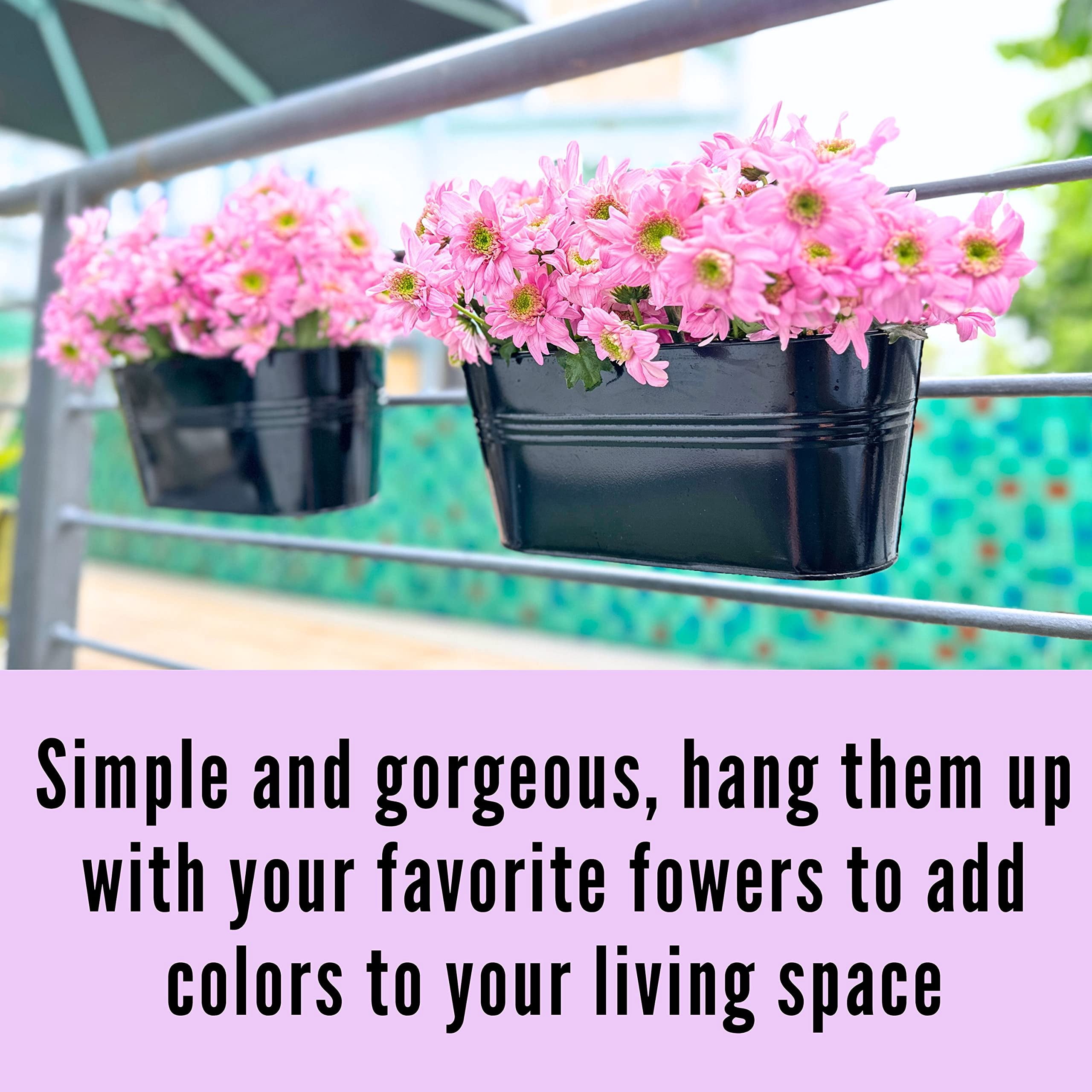 Outdoor Railing Planter 2 Pack 11.2 Inch Black Metal Hanging Flower Pots Deck Rail Fence Hanging Bucket Modern Window Box Plant Holder with Hooks Porch Decor