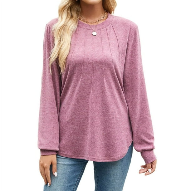 Camisas de Larga para Mujer, Moda Otoño 2025, Camisas Formales Informales, Blusas Tipo Túnica Plisadas con Cuello Redondo. Rojo Púrpura M