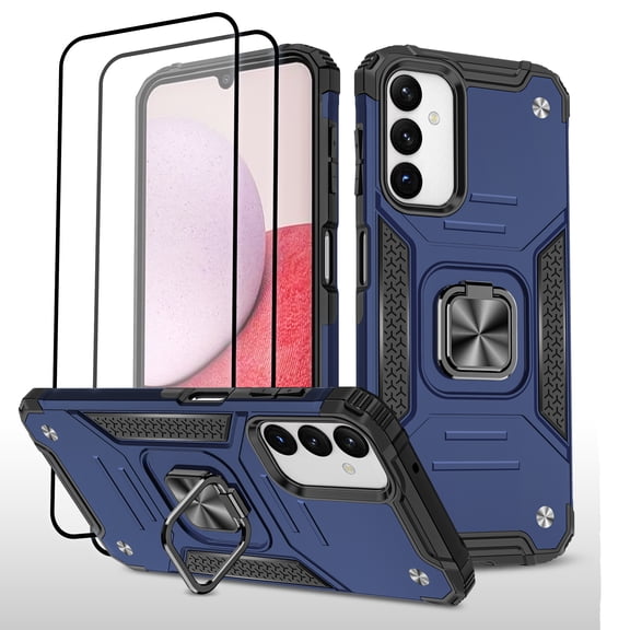 Hotpom Phone Case for Samsung A15 with 2 Pack Screen Protector Military Grade Drop Shockproof Protection with 360° Rotating Stand and Car Mount Capability, Blue
