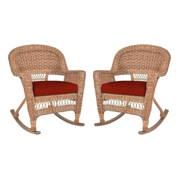 Pemberly Row Wicker Rocker Chair in Honey with Red Cushion (Set of 2)