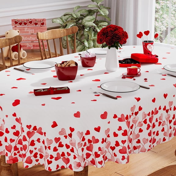 Valentines Tablecloth Oval 60x84 Inch, Washable Red Pink Love Heart Valentines Day Tablecloth Waterproof Dining Table Cloth Sweet Home Party Decorations
