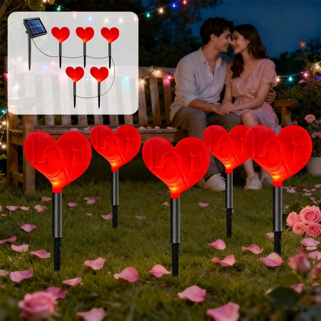 Valentine Solar Garden Lights 5-Pack Heart Shaped Outdoor Yard Decor for Patio Lawn