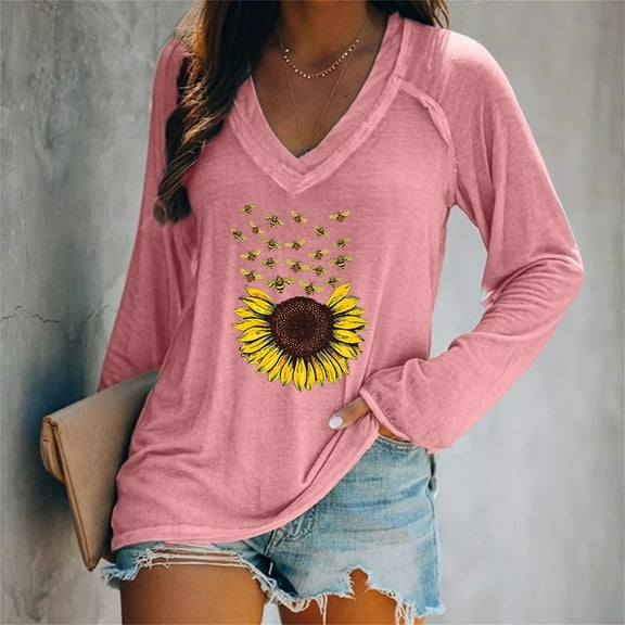 WCJM Long Sleeve T Shirts for Women Loose Fit Women's Long Sleeve T-Shirt Women's Blend T Shirt Printed Long Sleeve V Neck Top