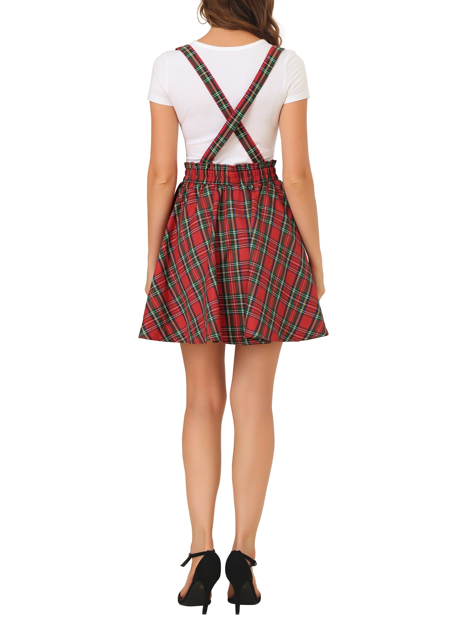 DARING DIVA Women's Tartan Plaid Skater Suspender Skirt L Red Green