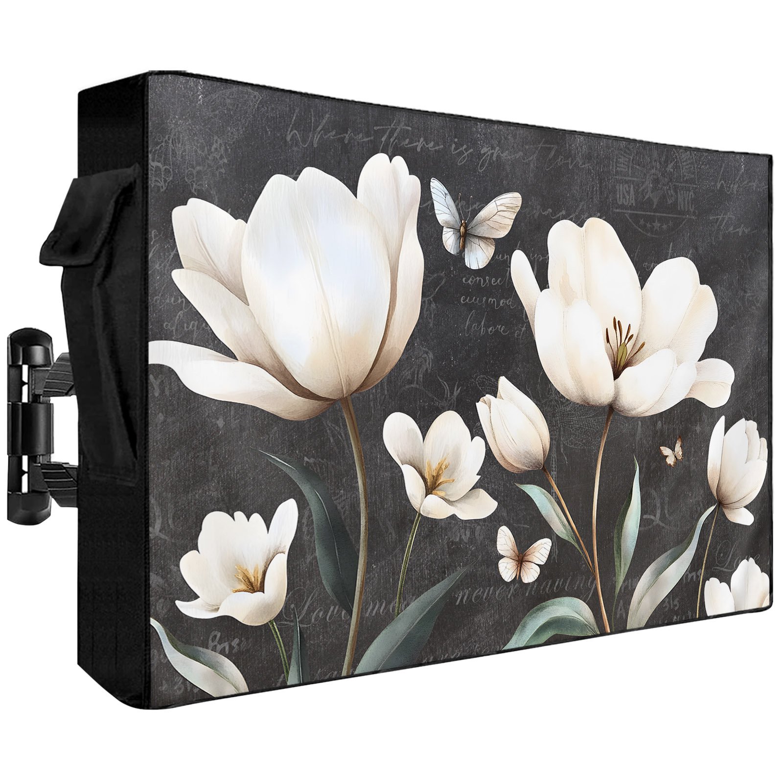 Waterproof Outdoor TV Cover 60 to 65 Inch, Magnolia Country Floral Butterfly Outside Flat Screen Televisions Weatherproof Cover Size 58"L x 37"H, Wild Flower on Black TV Protector With Zipper