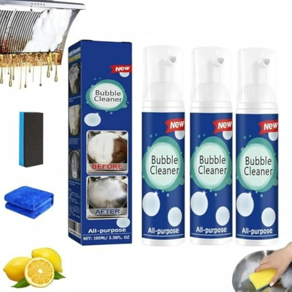 Nuvilux All Purpose Bubble Cleaner Foam Spray, Multi-Surface No-Rinse Cleaning for Kitchen Grease, Grime, Oil, Stains, Car, Bathroom, Safe Gentle Formula (3PCS)