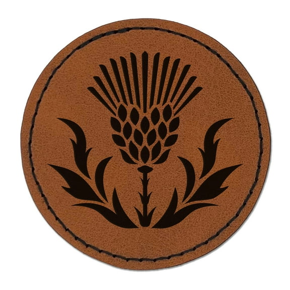 Scottish Thistle 2.5" Faux Leather Round Engraved Iron-On Patch - Brown