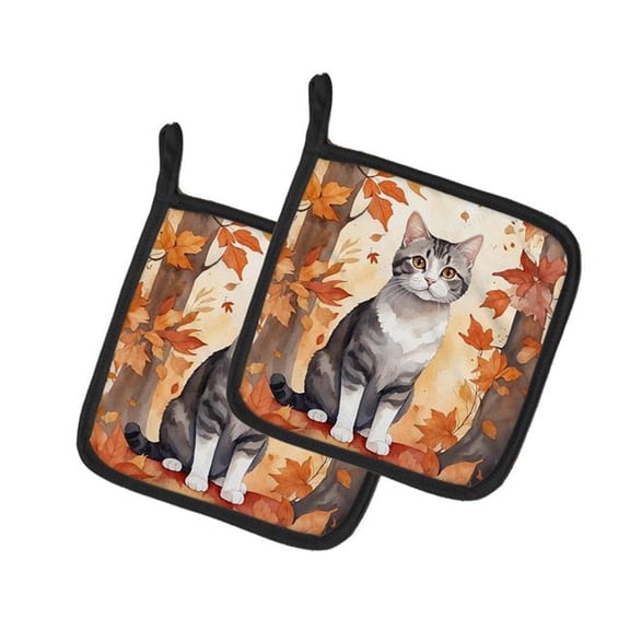 American Wirehair Cat in Fall Leaves Pair of Pot Holders