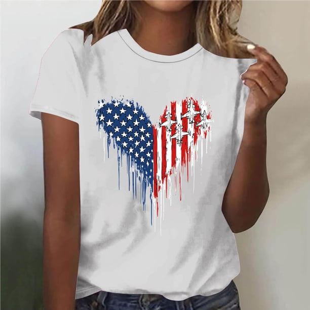 TaTaai Womens Independence Day Printed Casual Tops Round Neck Short Sleeve Pullover T Shirts Soft Lightweight Comfy Fashion Daily Holiday Party Outfits Gift