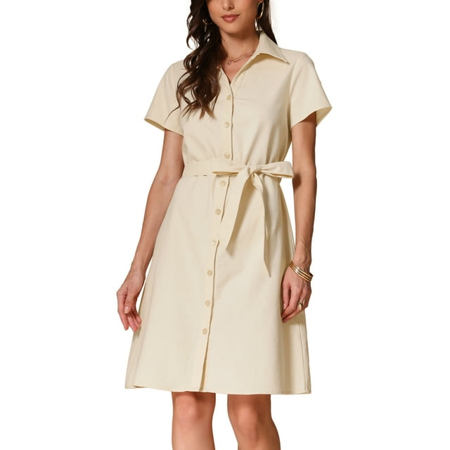 Vestido de camisa de lino y algodón de mujer con cuello en V y botones cortos M Beige
