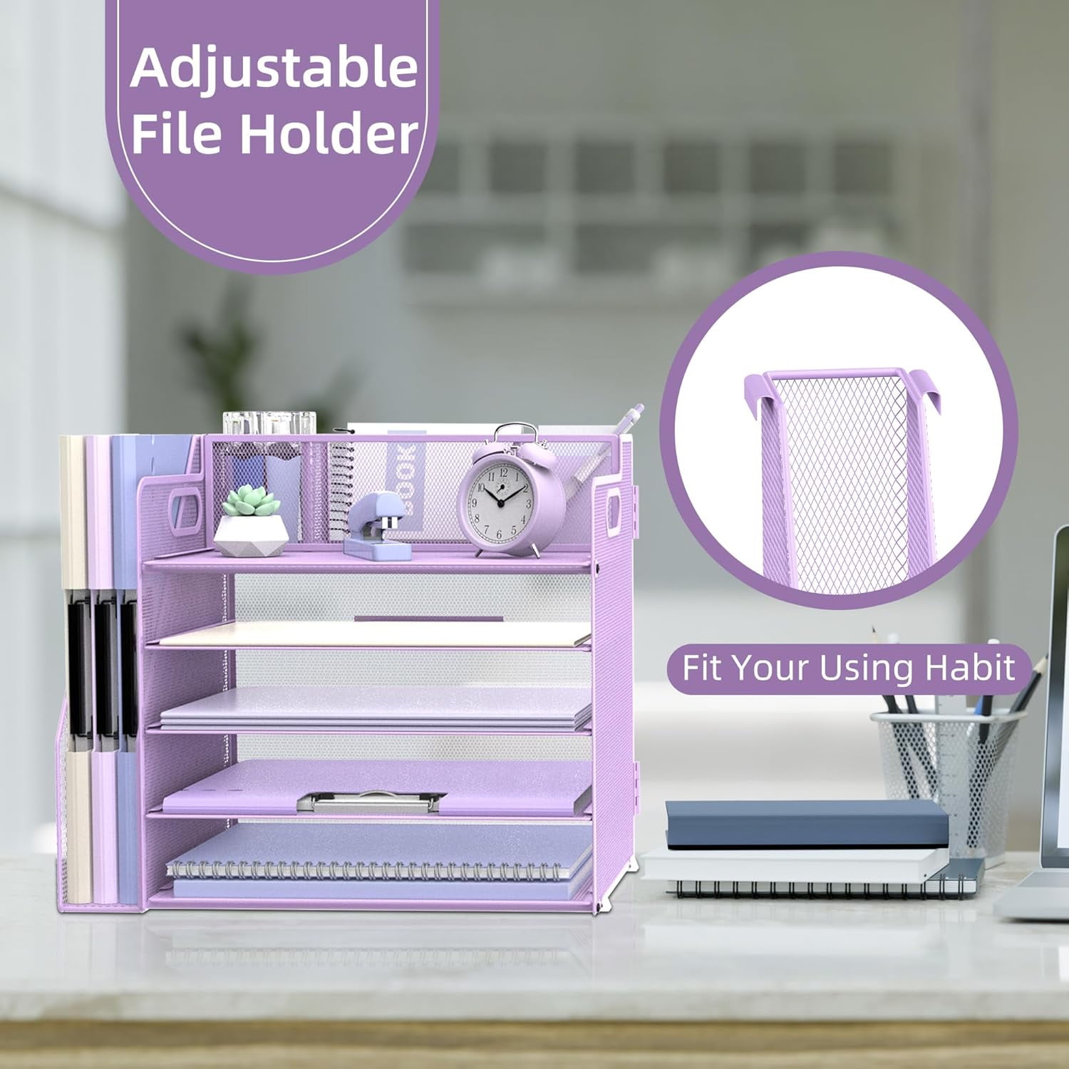 INTIGE 5-Tier Desk Organizer with 3 Pen Holders, Desktop Organizer with Magazine File Holder, Mesh Office Accessories