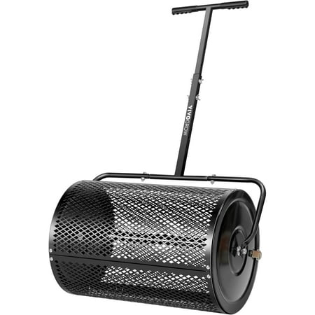 24” Compost Spreader, Peat Moss Spreader with Adjustable T-Shaped Handle, Upgraded Side Clasps, Rustproof Metal Roller, Lawn & Garden Spreader for Sowing & Fertilizing, Black