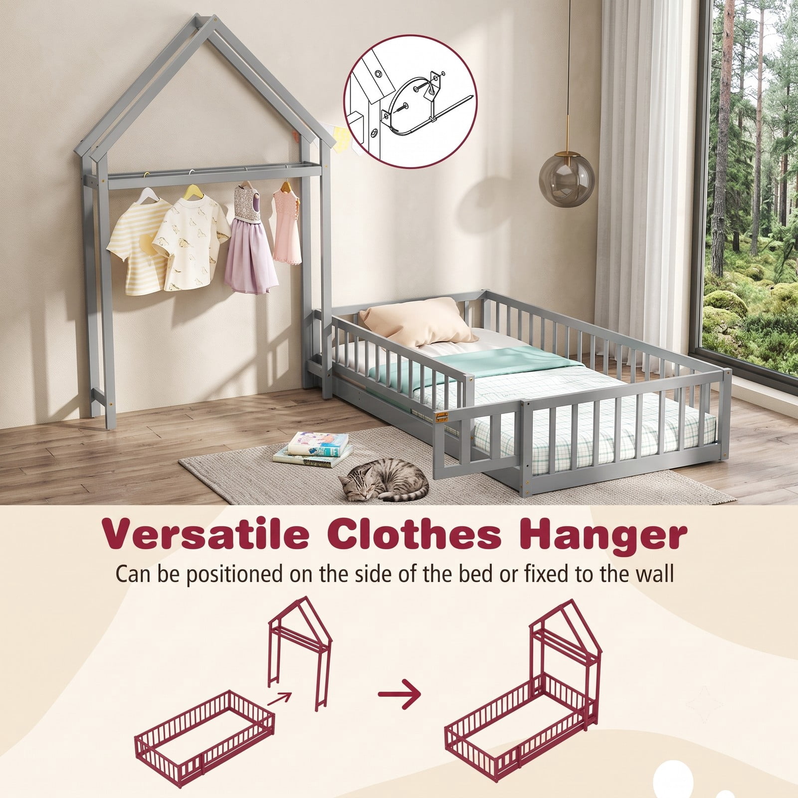 Furnibear Full Size House Floor Bed, Montessori Floor Bed with House-Shaped Frame and Full-Length Fence Guardrails for Kids Room, Gray