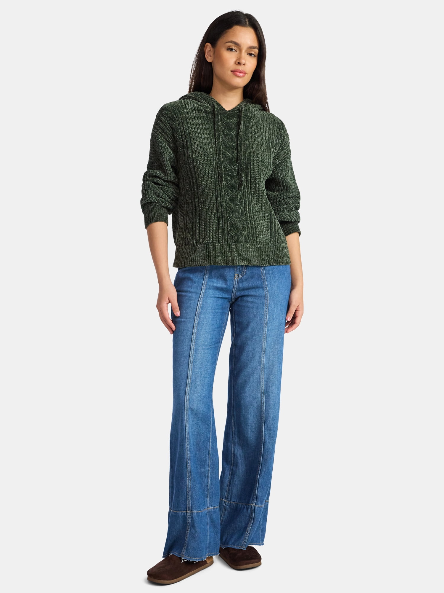 Time and Tru Women's Velveteen Hoodie Pullover Sweater with Long Sleeves, Sizes XS-XXXL