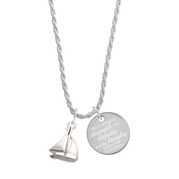 Delight Jewelry Silvertone Antiqued Sailboat She is Clothed in Stength and Dignity Charm Necklace, 20" 3"