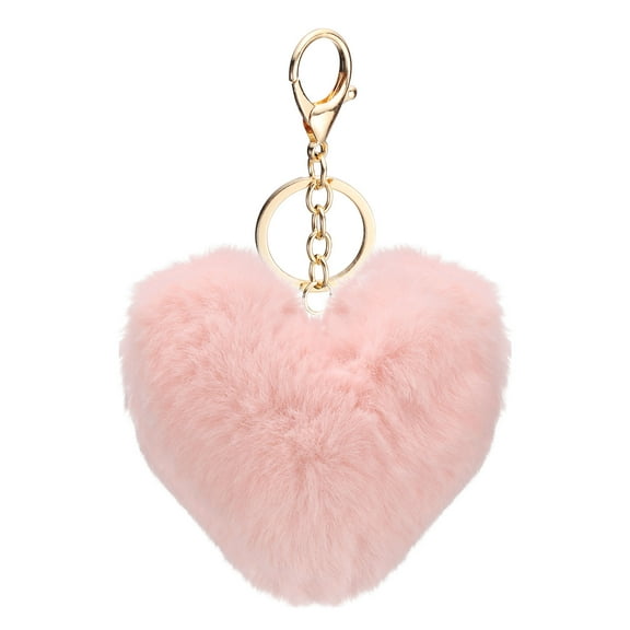 Uxcell Pom Pom Keychain, 10 cm Soft Cute Fluffy Heart Key Ring, Pink