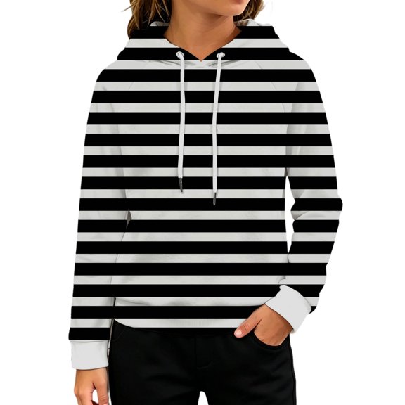 Girls Boys Hooded Sweatshirt Striped Drawstring Pullover Loose Fit Long Sleeve with Pockets Soft Lightweight Casual Tops