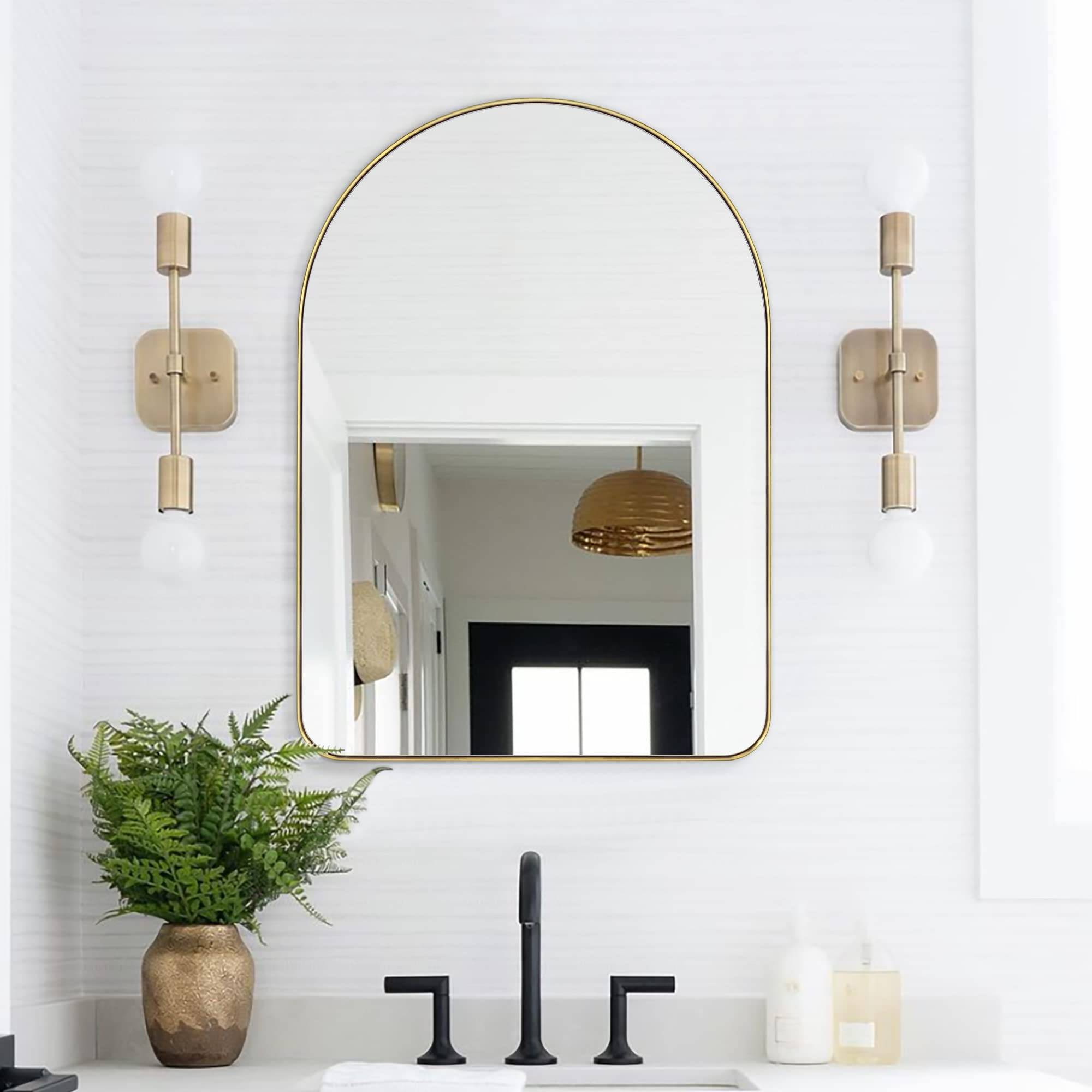 Metal Frame Arched Wall Mirror 24x36" Gold Bathroom Vanity Mirror