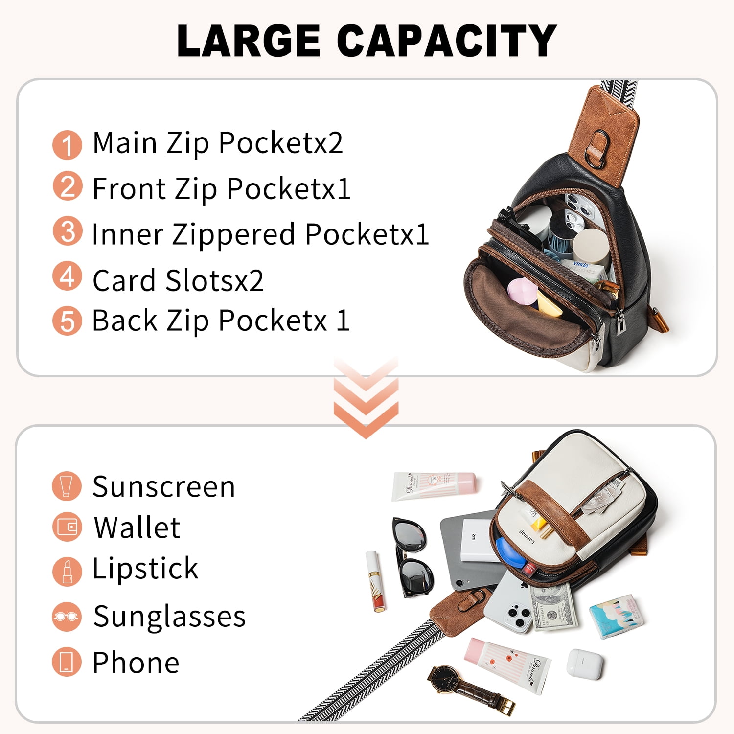 7L PU Leather Sling Bag, Crossbody Fanny Pack for Travel & Daily Use, Hands-Free Unisex Chest Backpack