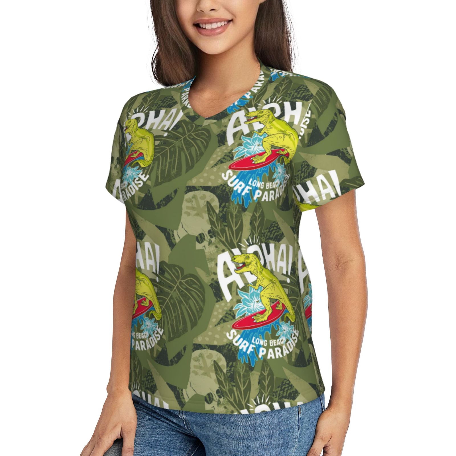Vsdgher Surfing Dinosaur Women Shirts V Neck Short Sleeve Tops T-Shirt Basic Tees, S to 3XL3X-Large