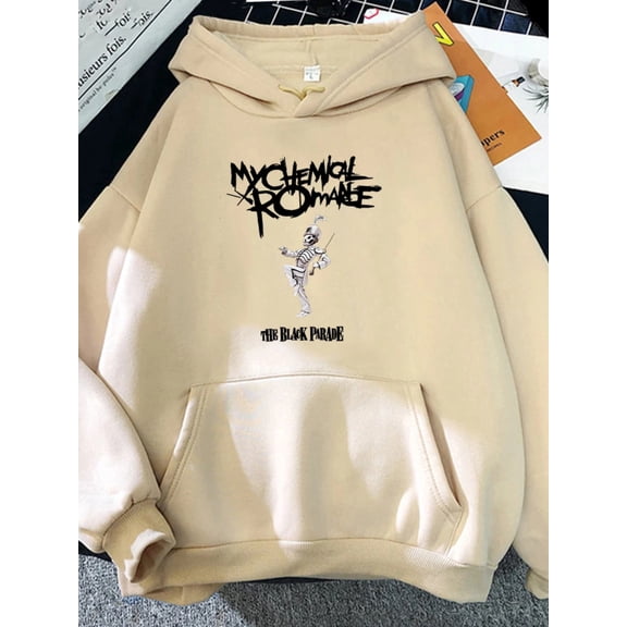 Unisex Punk Rock Band Hoodie - Black Long Sleeve Activewear for Men & Women, Geometric Pattern, All-Season Pullover with "MY CHEMICAL ROME" Graphic, Casual Streetwear,