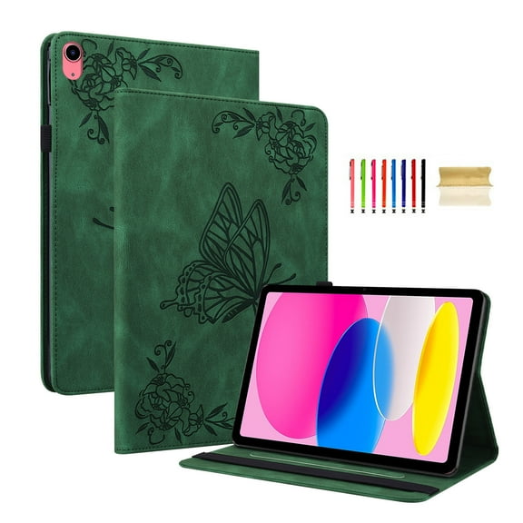 Feishell Smart Cover for iPad 10th Generation 10.9" (2022),Shockproof Butterfly & Flower Embossed Pattern PU Leather Folio Flip Card Slots Wallet Case Cover with Auto Wake Sleep,Green