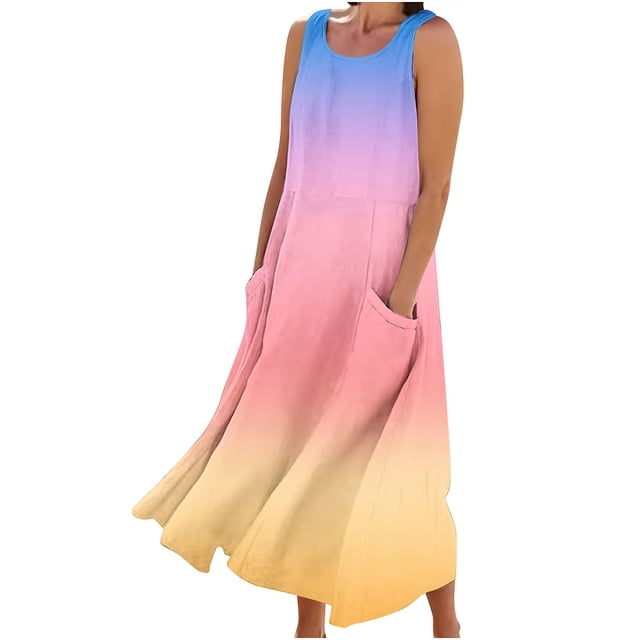 FAIWAD Robes d'Été Grande Taille pour Femmes 2024 Sans Manches Décontractées Robe Maxi Dégradé Boho Plage Robe Débardeur