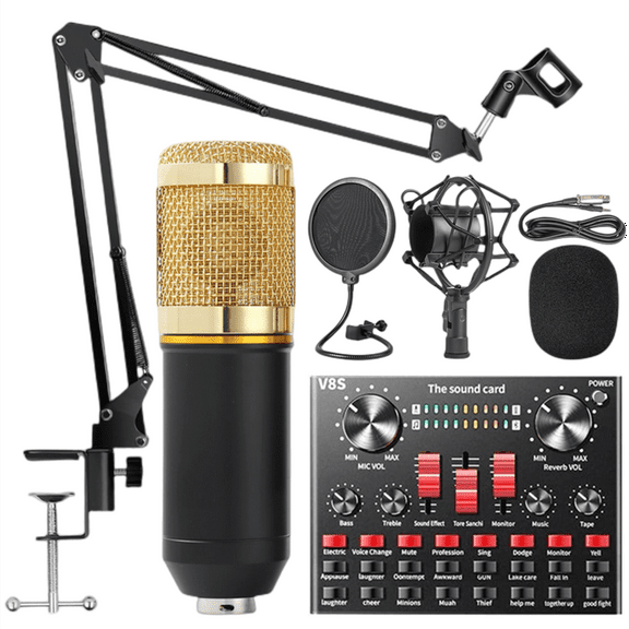 Podcast Microphone Kit with V8S Superior Live Sound Card Condenser Microphone BM-800 & Bluetooth DJ Mixer Metal Holder for Studio Recording Singing Broadcast