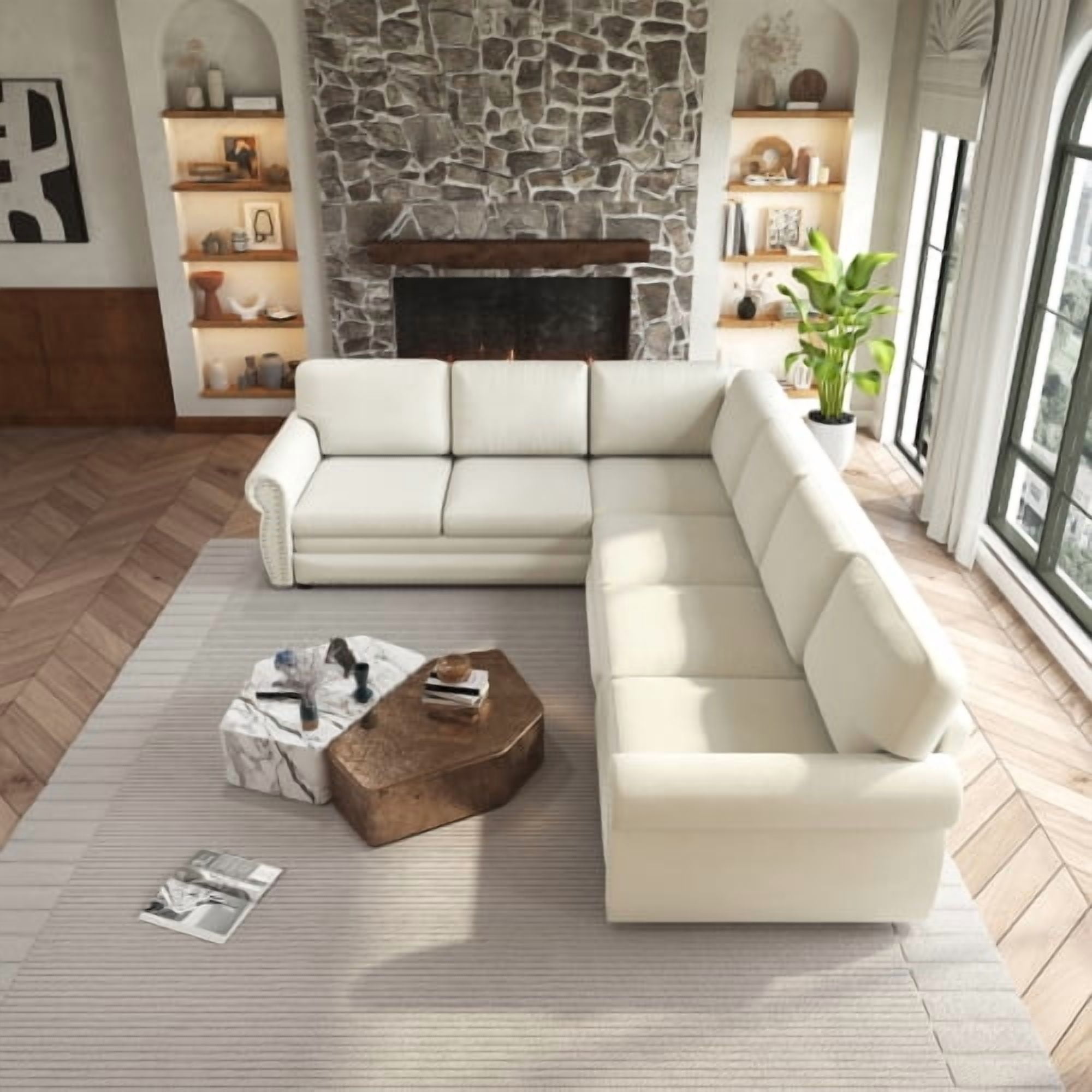 118" L-Shaped Sectional Sleeper Sofa with King Size Pull-Out Bed, Chenille Upholstered, Nailhead Trim & Rolled Arms, Beige