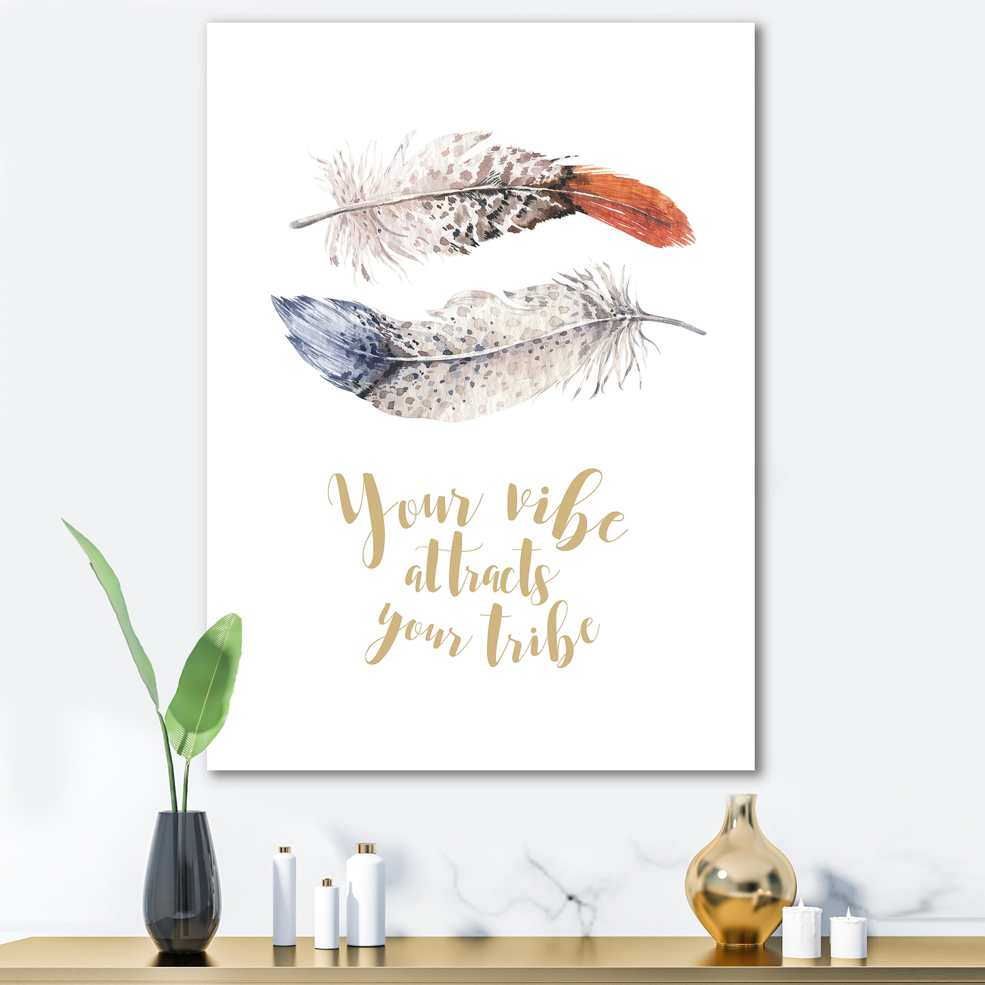 Designart ' Your VIbe Attracts Your Tribe Two Feathers ' Bohemian & Eclectic Canvas Wall Art Print
