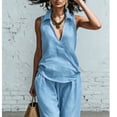thumbnail image 6 of ibuvkizy Linen 2 Piece Set Women Cotton-Linen Outfit Set,Collared Sleeveless Wrap V Neck Ruched Tops & Elastic Waist Cropped Wide Leg Capri Pants with Pockets,Boho Casual Vacation Matching Suit, 6 of 7