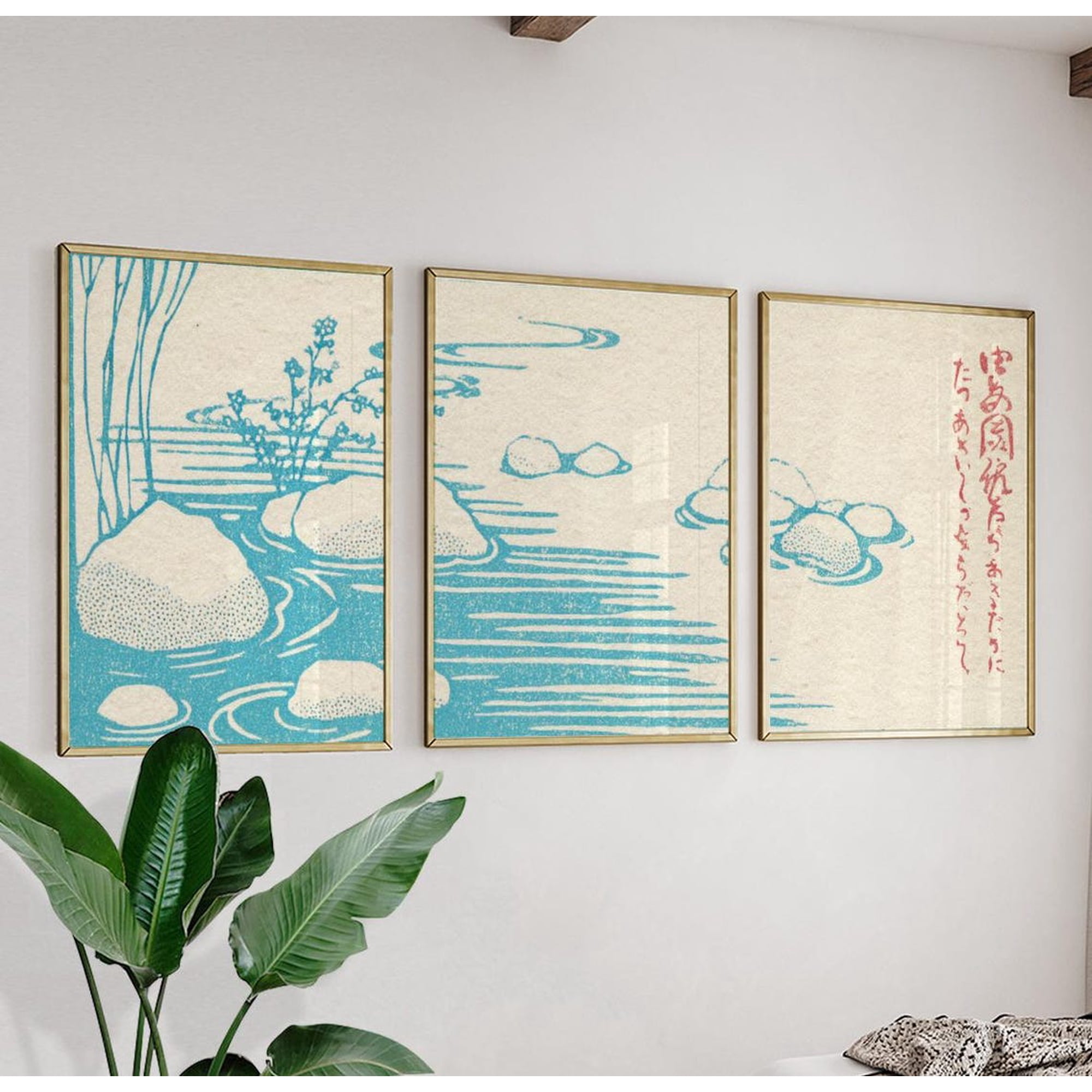 Japanese River Landscape Blue Minimalist Water Zen Botanical Wall Art Botanical Bedroom And Living Room Decor