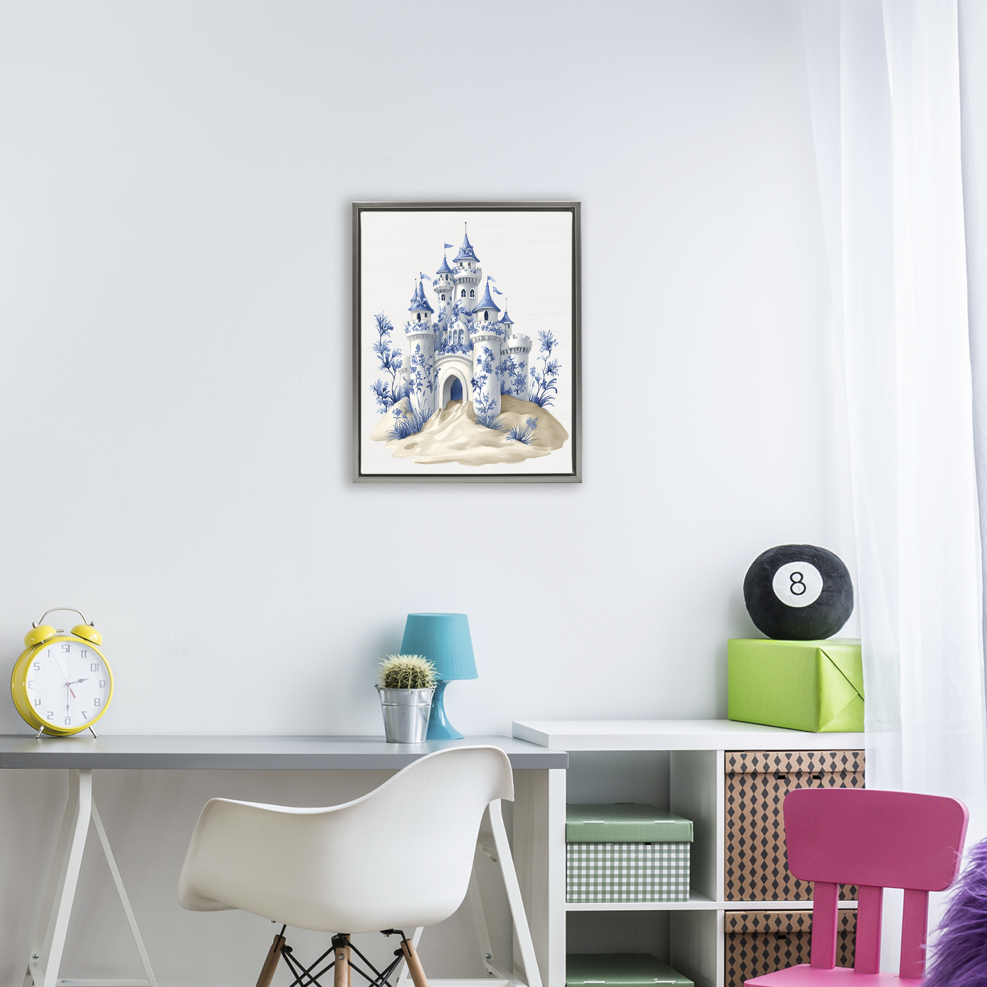 Funky Toile Castle Gray Framed Floater Canvas Wall Art, design by Lettered and Lined