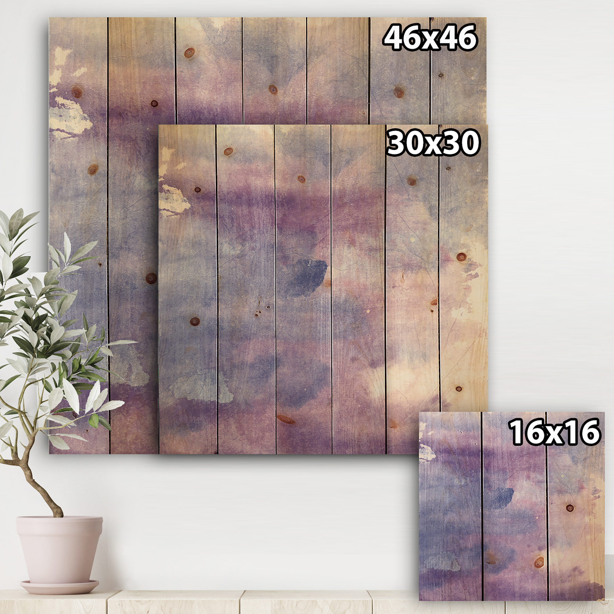 Designart 'Purple Watercolor Haze II' Modern & Contemporary Print on Natural Pine Wood