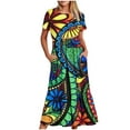 thumbnail image 1 of Robe d'Été pour Femmes 2024 Mode Grande Taille Manches Courtes Col Rond Jupe Mi-Longue avec Imprimé Superposé Double Poche Robe 50 % de Réduction!, 1 of 4