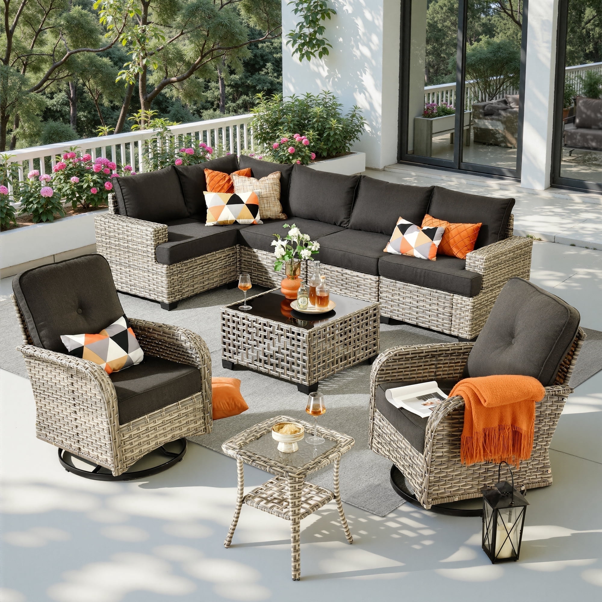 Toject 9 Pieces Patio Furniture Set Outside Furniture Wicker Patio Conversation Set with Swivel Chairs, Outdoor Furniture for Garden, Black
