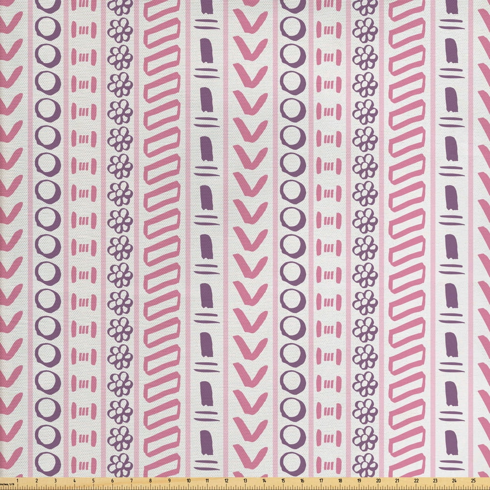 Striped Fabric by The Yard, Primitive Shapes with Flowers Circles Folk