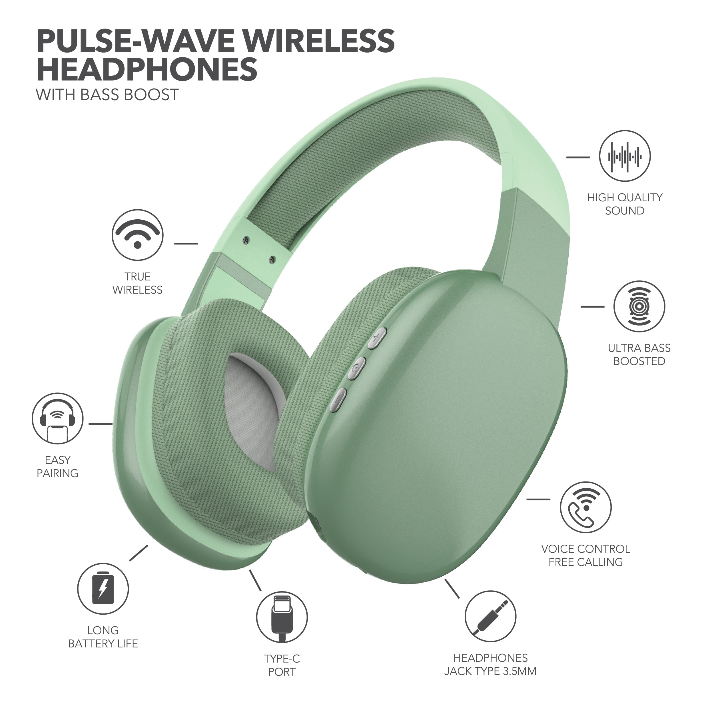 RCA Wave-56 Bluetooth Headphones, 40H Playtime, Hi-Res Audio, Green