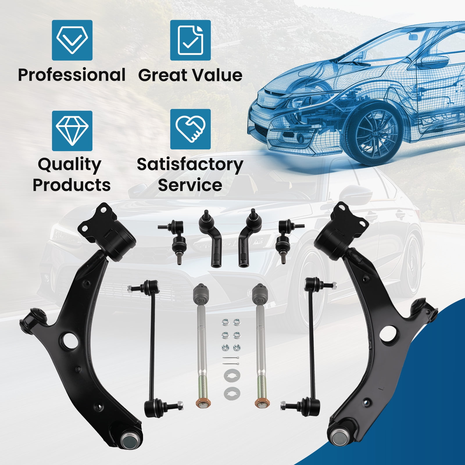 maXpeedingrods 10Pcs Suspension Kit for Mazda 3 2004-2009 Mazda 5 2006-2015, 2 Front Lower Control Arm with Ball Joints, 4 Sway Bar End Links, 4 Outer & Inner Tie Rods