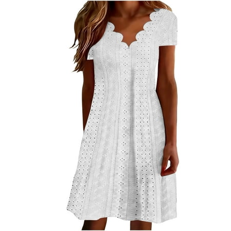 SAFUNY Women s V Neck Short Sleeve Tiered Plaid Dress Pullover Lightweight Beach Vacation Picnic Dress White M