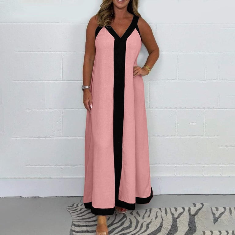 asdoklhq Cocktail Dresses for Ladies Bridal Shower Dress Gowns and Evening Dresses Midi Dress Women Plus Size Sleeveless V Neck Maxi Dress Casual Loose Long Beach Vacation Sundress Pink 4X