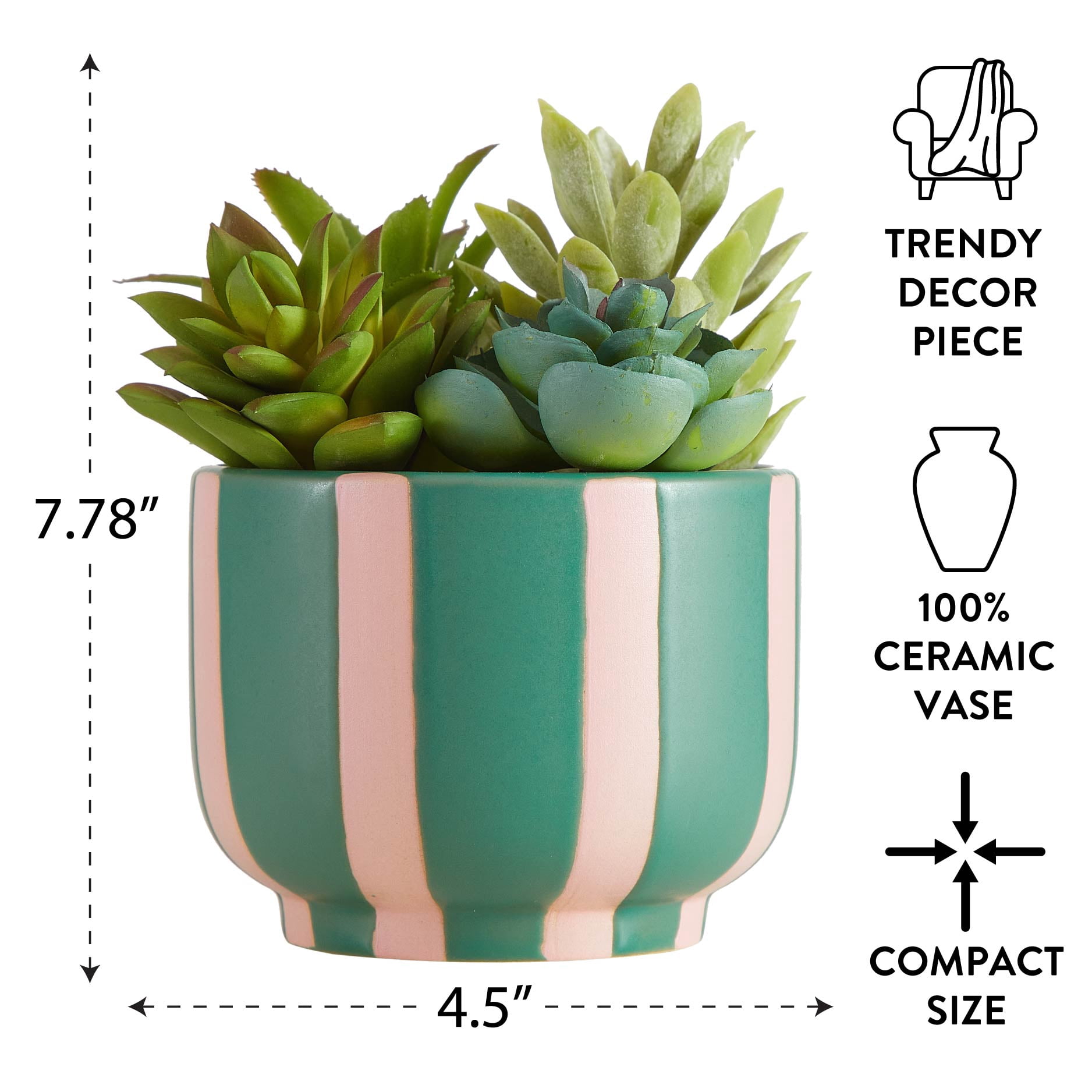 Mainstays Green and Pink Striped Ceramic Jar with Faux Succulent