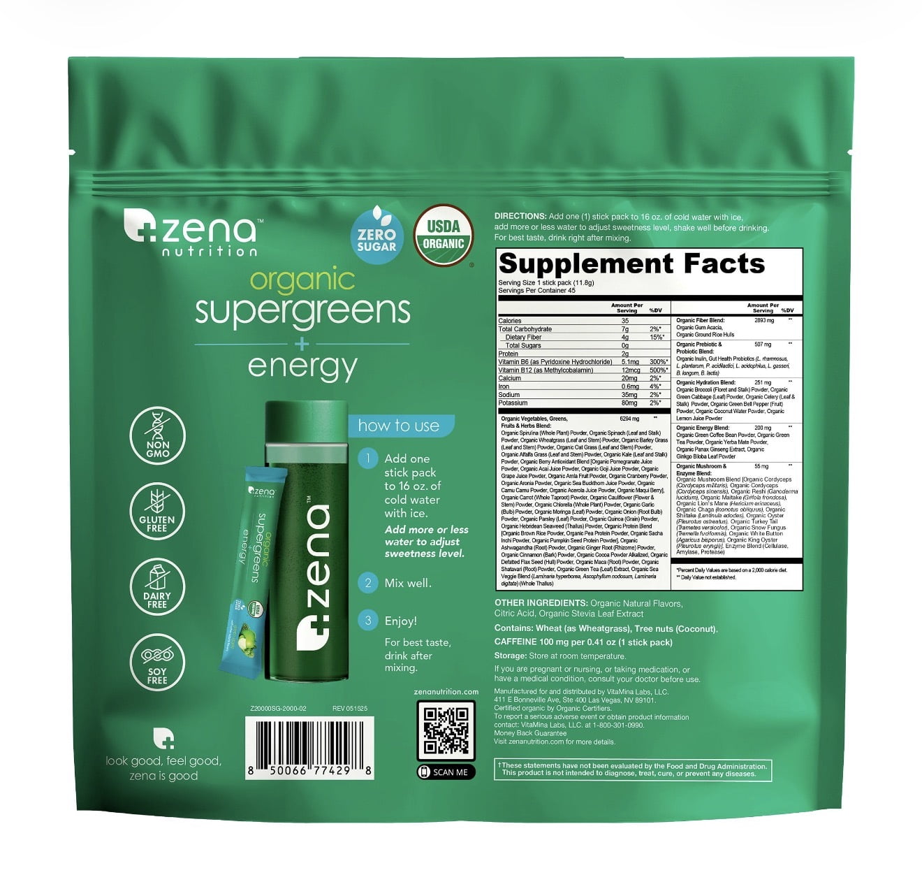 Zena Nutrition Organic Super Greens + Plus Energy, 45 Packets