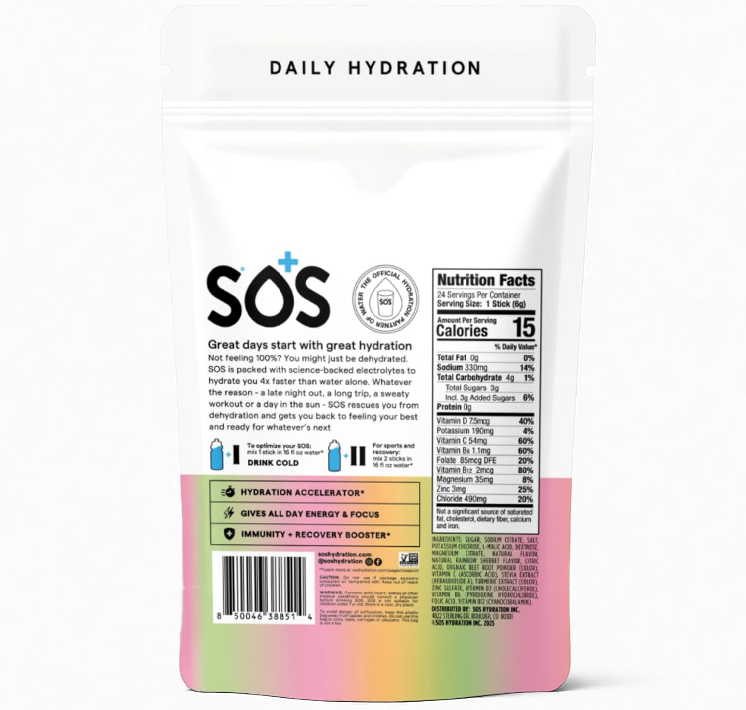 Electrolyte Drink Mix Powder – 24 Servings, Low Sugar, Keto-Friendly Hydration – Rainbow Sherbet – SOS Hydration