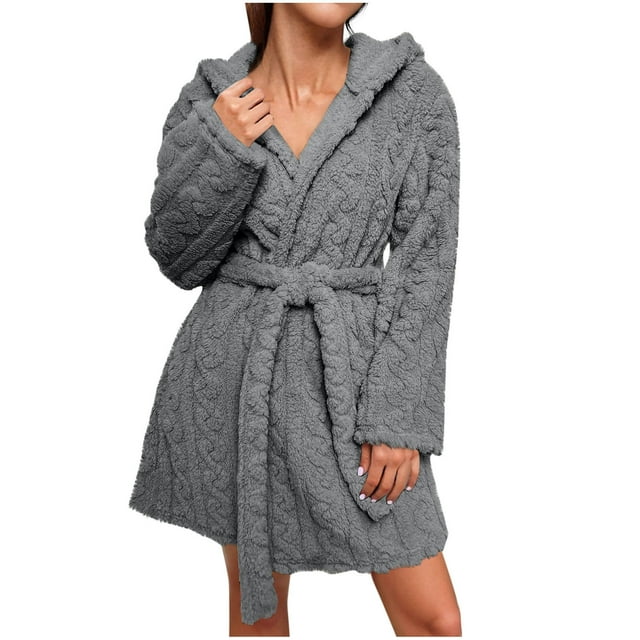 Womens Fleece Bathrobe Short Plush Robe Knee Length Soft Cable Fuzzy Warm Hooded Terry Cloth Spa Bathrobe Gray, L