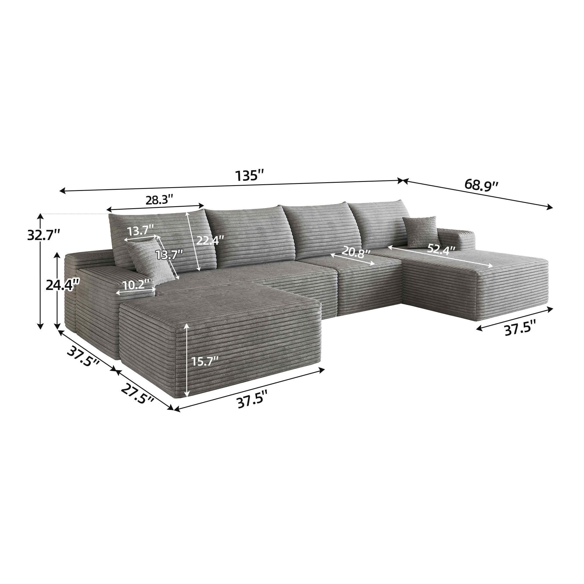 MAYEERTY 135" Cloud U-Shaped Sectional Sofa with 1 Ottoman, Plush Corduroy Deep Seat Modular Couch, No Assembly Minimalist Sofa for Living Room Apartment