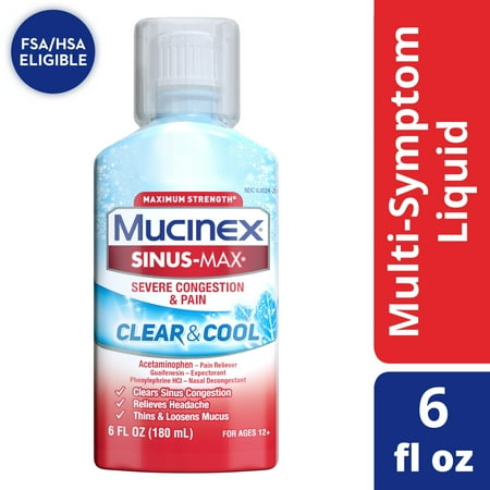 Mucinex Sinus-Max Maximum Strength Severe Congestion & Pain Clear & Cool, Sinus Symptom Relief, Pain Reliever, Expectorant and Nasal Decongestant, 6 FL OZ