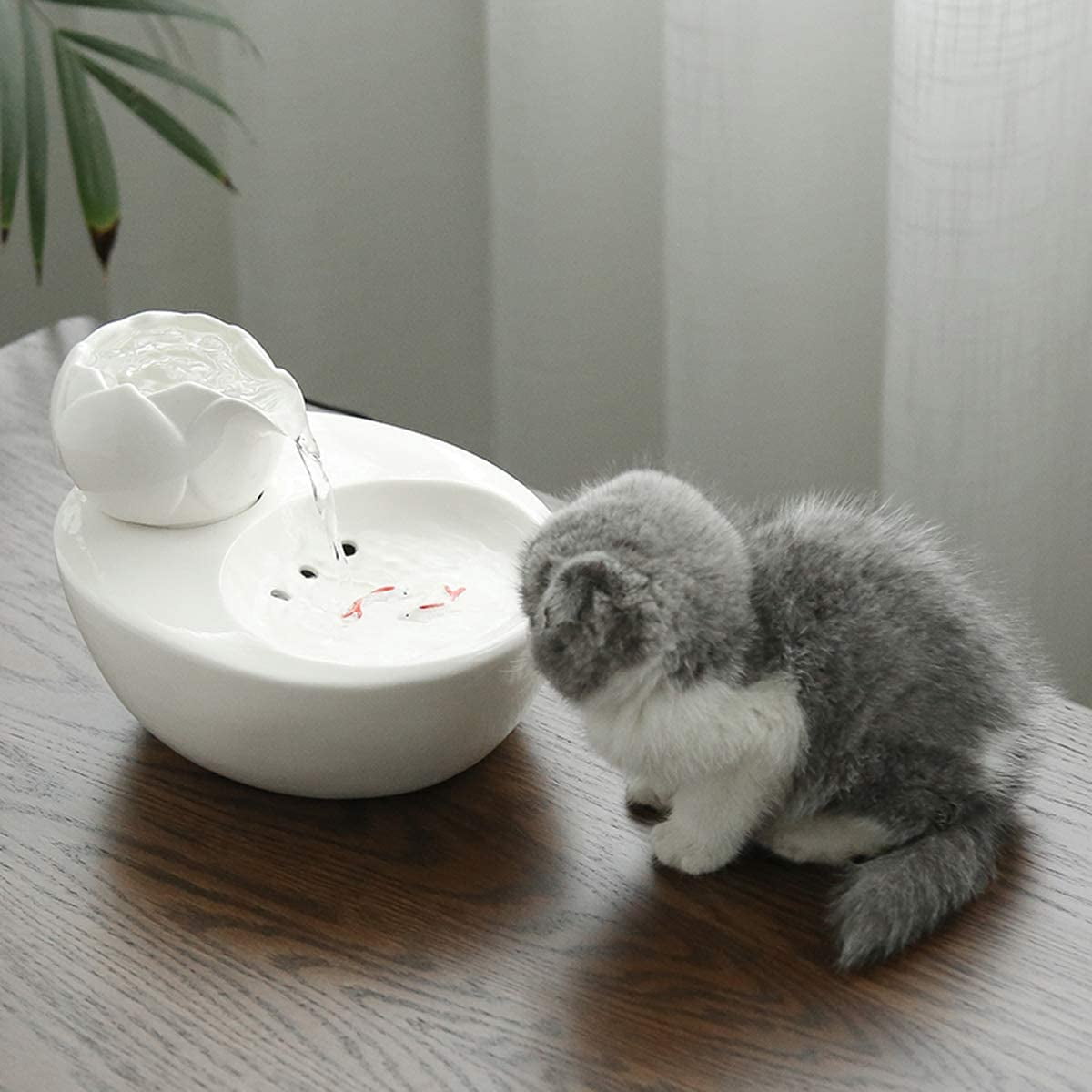 Walbest Lotus Cat Water Fountain, Automatic Ceramic Drinking Fountain for Pets, 8.1" x 6.6" x 5.4" USB Water Capacity (White)