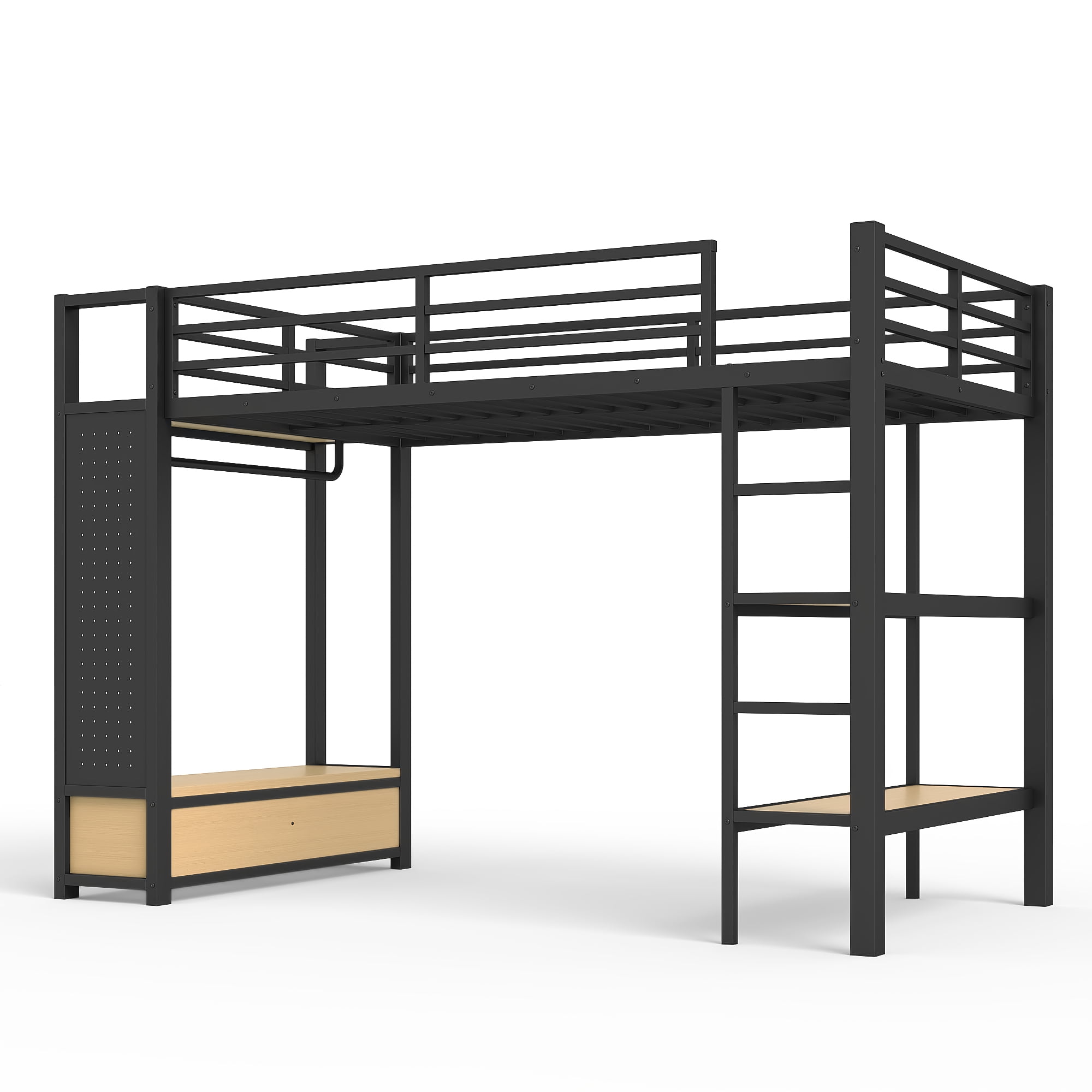 Leumius Twin XL Size Loft Bed with Built-in Wardrobe,Heavy Duty Metal Loft Bed with Storage Shelves and Pegboard,Space-Saving,Black